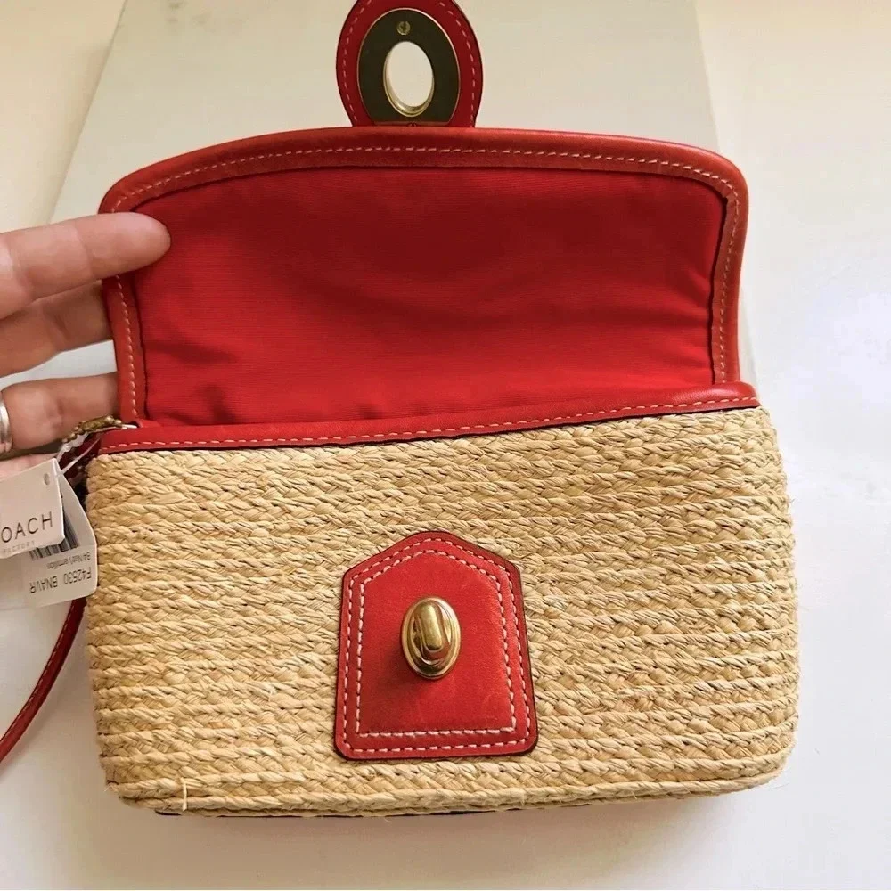 NWT Coach Rare Vintage Straw Turn-Lock Flap Clutch/Wristlet Bag